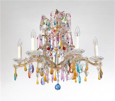 A glass chandelier set with semiprecious stones, rose quartz and amethyst, - Sklo, Porcelán