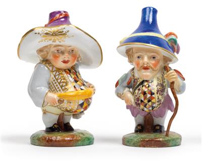 A young gnome with large-, and an old gnome with small hat and cane, - Glass and porcelain