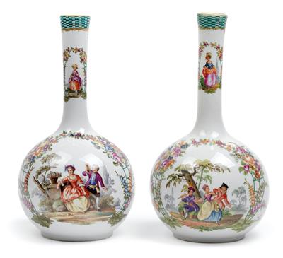 A pair of bottle vases, - Glass and porcelain