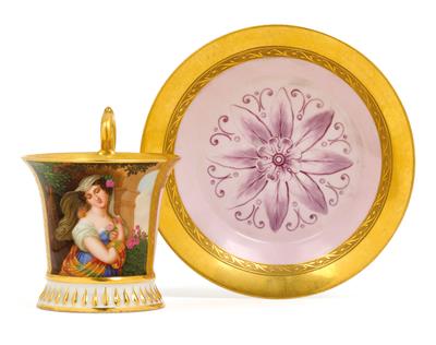A cup with a young lady and butterfly, with saucer, - Glass and porcelain