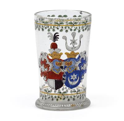 Barocker-Becher mit Allianz- Wappen und Helmzier, - Glas und Porzellan