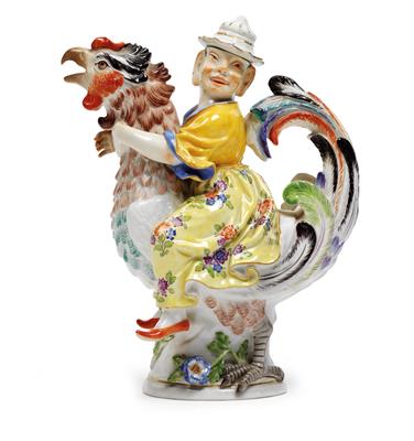 A Chinese man on a rooster jug with lid, - Vetri e porcellane