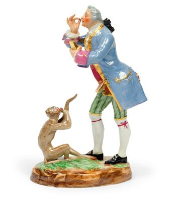 A cavalier in baroque dress with an ape, - Sklo, Porcelán