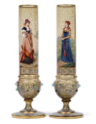 A pair of long-stem vases with young women in historical costumes, - Vetri e porcellane