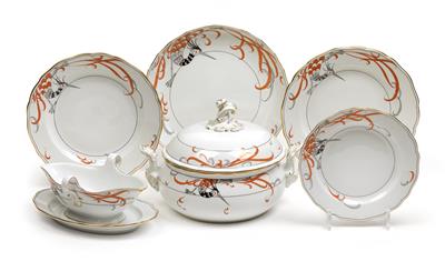 A “firebird” dinner service and 1 silk table runner with matching decoration, - Sklo, Porcelán
