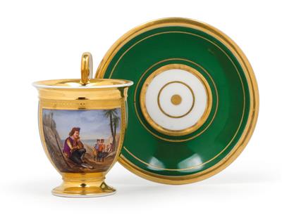 A cup with Turkish soldiers and saucer, - Glass and porcelain