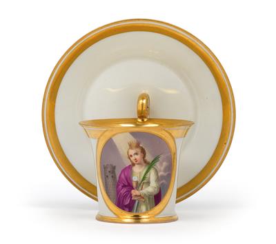 A “St. Barbara” cup and saucer, - Glass and porcelain