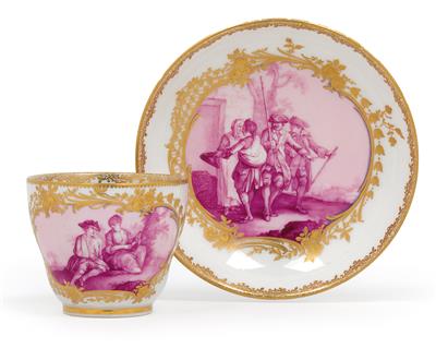 A cup and saucer with purple paintwork, - Vetri e porcellane