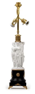 A Viennese table lamp with Viennese biscuit porcelain group of "Aphrodite, Athena and Hera", - Sklo, Porcelán