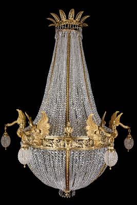 A representative basket-type chandelier with bronze swans, - Sklo a Porcelán