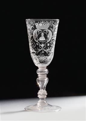 A Baroque goblet decorated with a “Schönborn” portrait in a cartouche, - Sklo a Porcelán