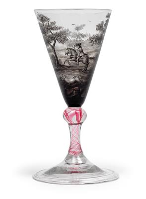A wine glass with hunting scene, - Sklo a Porcelán