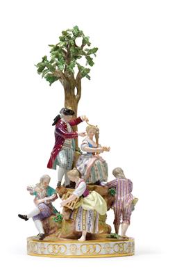 A figural tree group with 6 flirting individuals, - Glass and Porcelain