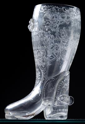 A 'beer boot' with dedications and monkey design, - Sklo a Porcelán