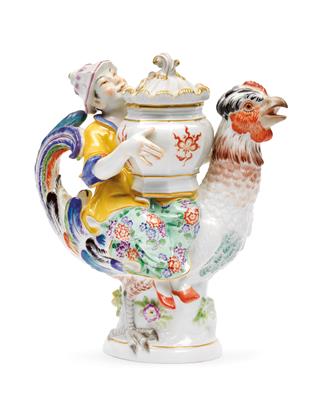 Chinese mounted on a rooster holding a ginger pot with lid, - Sklo a Porcelán