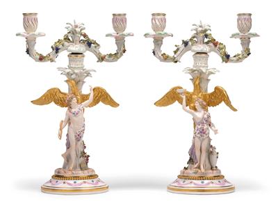 "Ganymede with eagle" and "Hebe with eagle" A pair of candelabra - Sklo a Porcelán