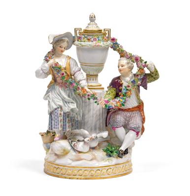 Two lovers with necking doves, joined with garland of flowers, - Glass and Porcelain