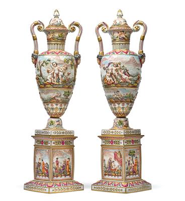 A pair of large vases with lids and bases in the Capo-di-Monte style, - Glass and Porcelain