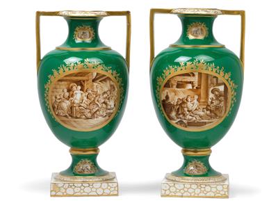 A pair of vases with genre scenes, after a Dutch model, - Glass and Porcelain