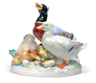 Two herons, the female hatching eggs, with chicks and a small duck, - Glass and Porcelain