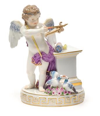 Cupid Aiming with Bow and Arrow, His Quiver on an Altar, and Billing Doves in a Bed of Roses, - Glass and Porcelain