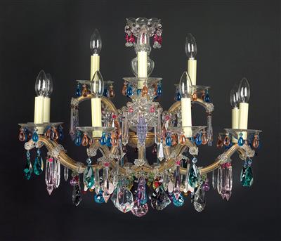 A Glass Chandelier with Semiprecious Stones, Rose Quartz and Amethyst, Crown Shape, - Vetri e porcellane