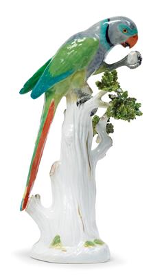 A Parrot Perched on a Tree Trunk with Oak Leaves, Eating, - Glass and Porcelain