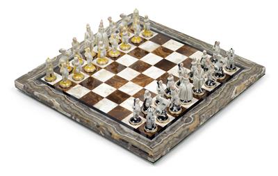 A Chess Board with 32 Chess Figures, - Glass and Porcelain