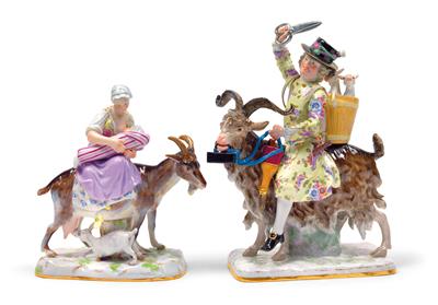 Schneidersfrau auf Ziege und Schneider auf Ziegenbock, - Glas und Porzellan
