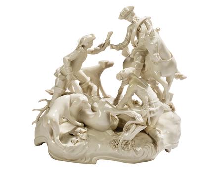 A Hunting Group with 3 Hunters, - Sklo a Porcelán