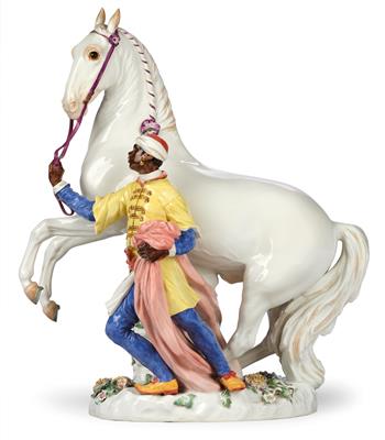 A Blackamoor Leading a White Horse in Courbette with Purple Reins, - Glass and Porcelain