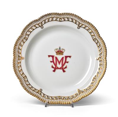 A Plate with Crown and Red-Gold Painted Monogram MF in Ligature, - Sklo a Porcelán