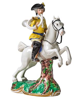 An Equestrian astride a Horse Performing a Courbette, Blowing a Hunting Horn, - Glass and Porcelain