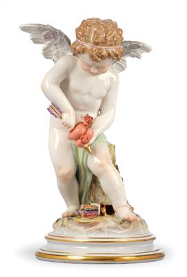Amor durchbohrt mit dem Pfeil 2 brennende Herzen, - Glas und Porzellan - aus dem 18. bis 20. Jahrhundert