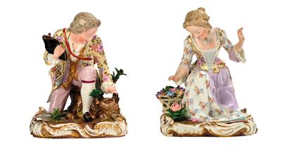 Kavalier als Vogelfänger, junge Dame als Blumenpflückerin, - Glas und Porzellan - aus dem 18. bis 20. Jahrhundert