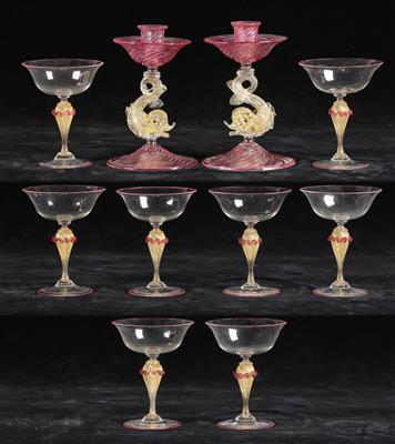 Venetian Champagne Coupes and a Pair of Candleholders, Venice, Murano, 1980 - Sklo a porcelán