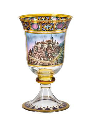 Pokal mit der Ansicht 'Burg Seebenstein in Niederösterreich' oder Burg Pitten, - Vetri e porcellane