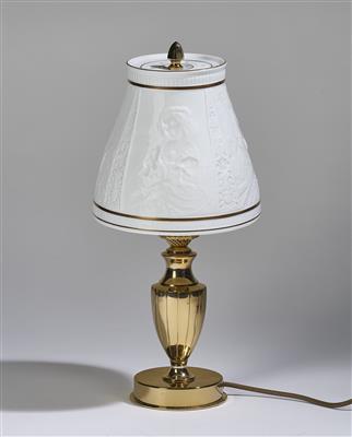 Tischlampe mit Lithophanie-Schirm und Darstellungen von 4 Damen, Wilhelm Drache Solingen um 2000, - Sklo a porcelán
