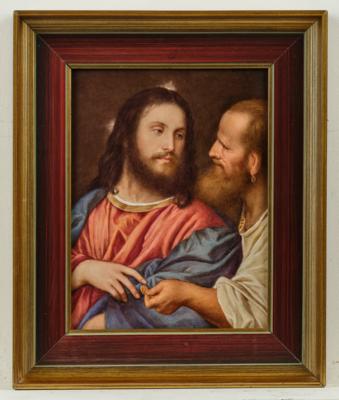 Porzellanbild "Der Zinsgroschen" nach Tiziano Vecellio, gen. Tizian (1485-1576), signiert Louis Scherf (1870-1955) - Glass and Porcelain