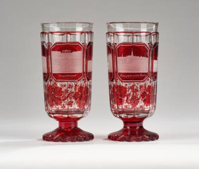 2 Pokale mit Wiener Ansichten, um 1850, - Sklo a porcelán