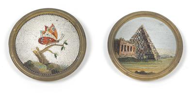 2 micro-mosaic plaques, - Antiques: Clocks, Metalwork, Asiatica, Faience, Folk art, Sculptures
