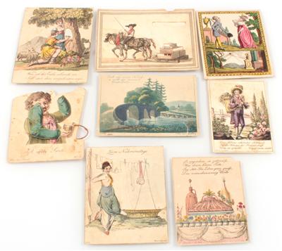 Eight printed cards, - Antiquariato - orologi, metalli lavorati, asiatica, ceramica faentinas, arte popolare, sculture