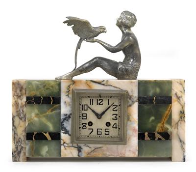 Art deco Marmor Kaminuhr "Mädchen mit Papagei" - Antiquitäten - Uhren, Metallarbeiten, Asiatika, Fayencen, Volkskunst, Skulpturen