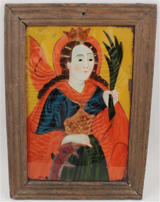 Behind-glass painting, St. Catherine, - Antiquariato - orologi, metalli lavorati, asiatica, ceramica faentinas, arte popolare, sculture