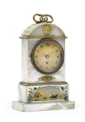 A Biedermeier miniature mother-of-pearl  table clock - Antiques: Clocks, Metalwork, Asiatica, Faience, Folk art, Sculptures