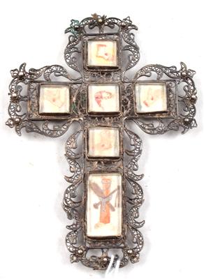 Silberfiligran Kreuz, - Antiquitäten - Uhren, Metallarbeiten, Asiatika, Fayencen, Volkskunst, Skulpturen
