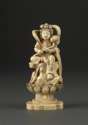Statuette einer Dame mit Lotusblüte, - Antiquitäten - Uhren, Metallarbeiten, Asiatika, Fayencen, Volkskunst, Skulpturen