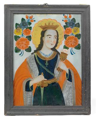 A reverse glass painting, St. Barbara, - Starožitnosti