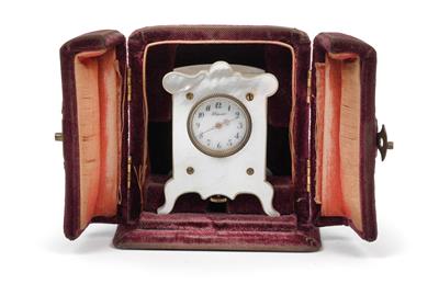 A miniature mother-of-pearl table clock with case - Starožitnosti