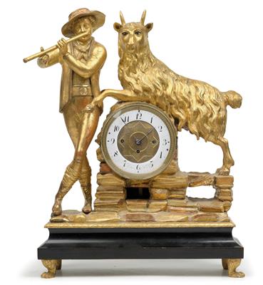 Biedermeier Kommodenuhr mit Augenwender "Hirte mit Ziege" - Antiquitäten, Historische wissenschaftliche Instrumente, Globen und Modelle